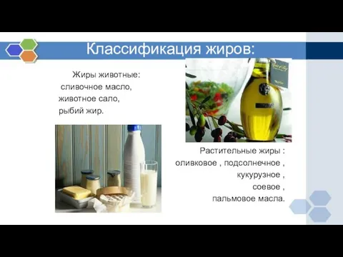Классификация жиров: Жиры животные: сливочное масло, животное сало, рыбий жир. Растительные жиры