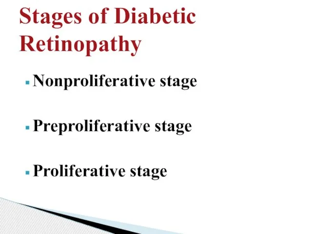 Nonproliferative stage Preproliferative stage Proliferative stage Stages of Diabetic Retinopathy