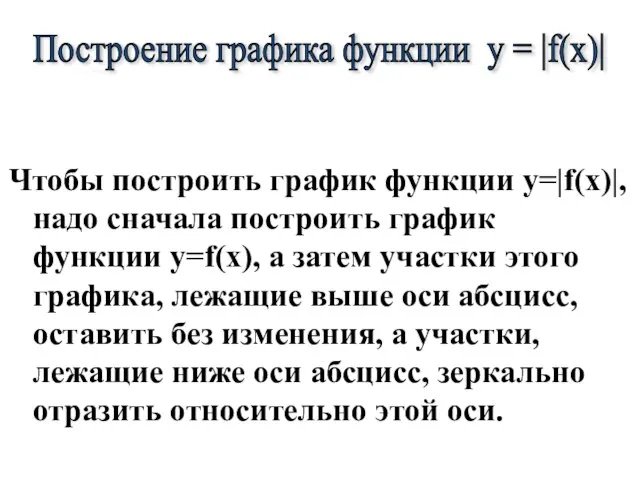 Чтобы построить график функции y=|f(x)|,надо сначала построить график функции y=f(x), а затем