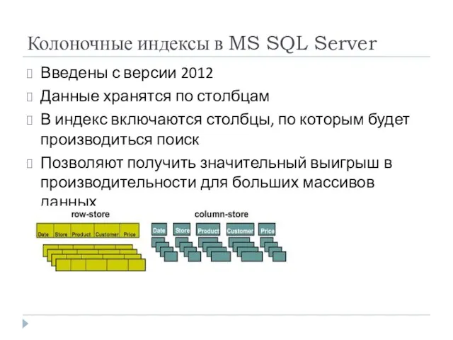 Колоночные индексы в MS SQL Server Введены с версии 2012 Данные хранятся