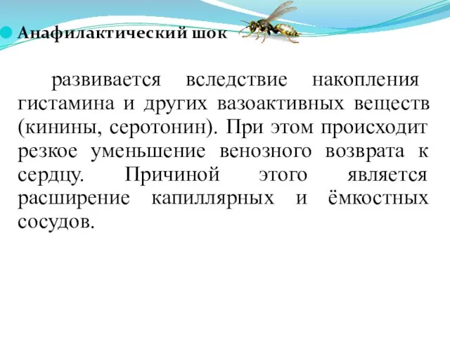 Анафилактический шок развивается вследствие накопления гистамина и других вазоактивных веществ (кинины, серотонин).