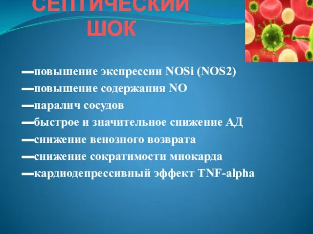 СЕПТИЧЕСКИЙ ШОК ▬повышение экспрессии NOSi (NOS2) ▬повышение содержания NO ▬паралич сосудов ▬быстрое