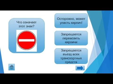 Что означает этот знак? Осторожно, может упасть кирпич! Запрещается перевозить кирпичи Запрещается въезд всех транспортных средств