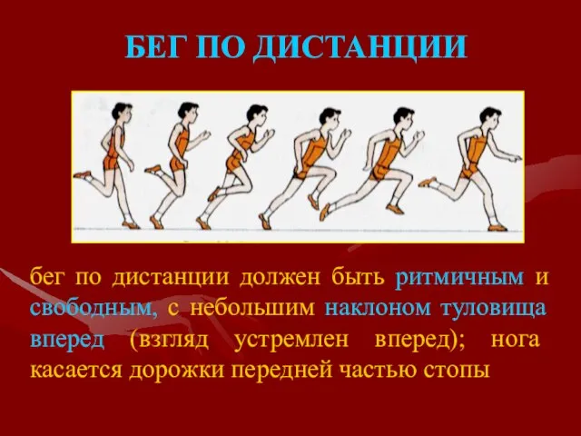 БЕГ ПО ДИСТАНЦИИ бег по дистанции должен быть ритмичным и свободным, с