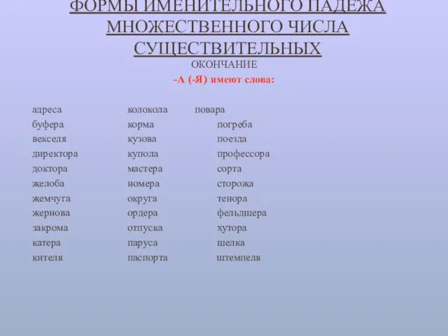 ФОРМЫ ИМЕНИТЕЛЬНОГО ПАДЕЖА МНОЖЕСТВЕННОГО ЧИСЛА СУЩЕСТВИТЕЛЬНЫХ ОКОНЧАНИЕ -А (-Я) имеют слова: адреса