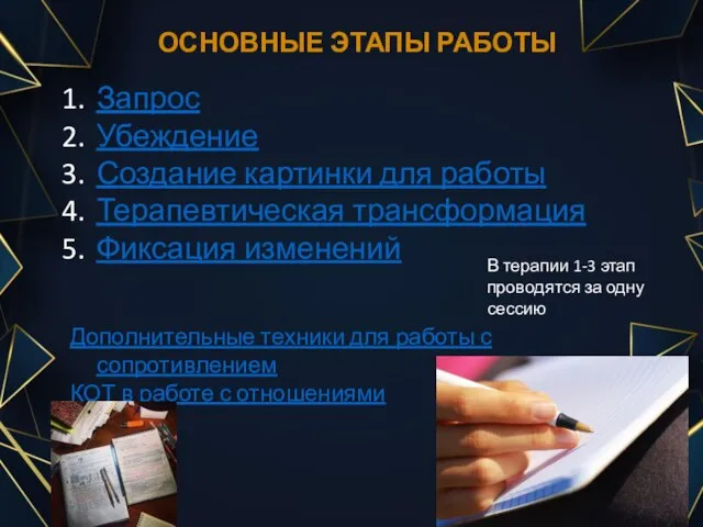 ОСНОВНЫЕ ЭТАПЫ РАБОТЫ Запрос Убеждение Создание картинки для работы Терапевтическая трансформация Фиксация