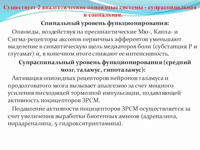 Существует 2 аналгетические опиоидные системы - супраспинальная и спинальная. Спинальный уровень функционирования: