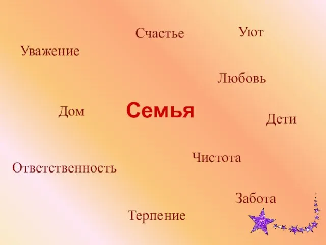 Семья Уважение Счастье Уют Любовь Дети Забота Чистота Ответственность Дом Терпение