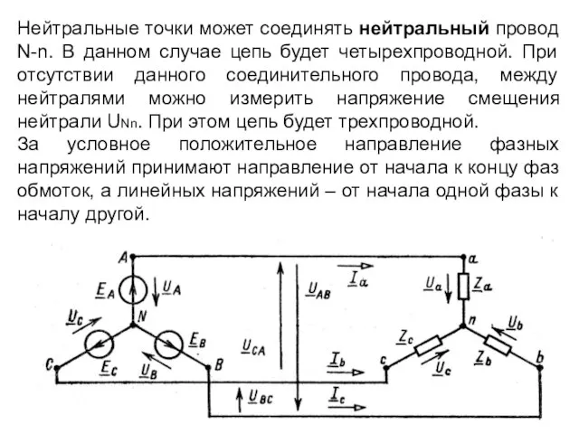 Нейтральные точки может соединять нейтральный провод N-n. В данном случае цепь будет