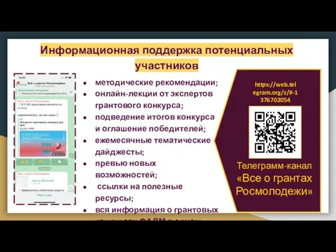 методические рекомендации; онлайн-лекции от экспертов грантового конкурса; подведение итогов конкурса и оглашение