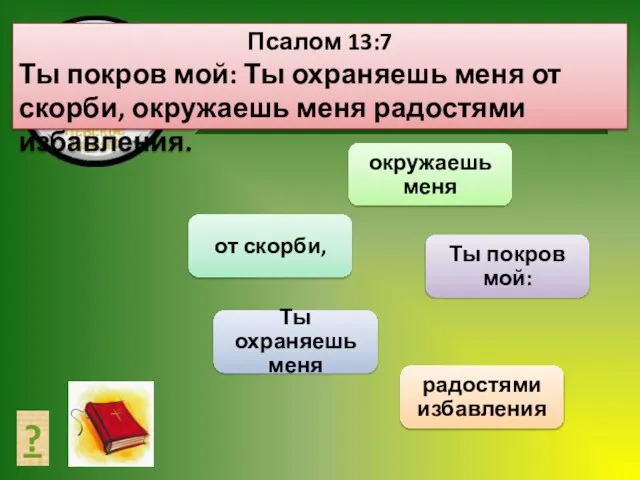 СОСТАВЬ ТЕКСТ ? Псалом 13:7 Ты покров мой: Ты охраняешь меня от