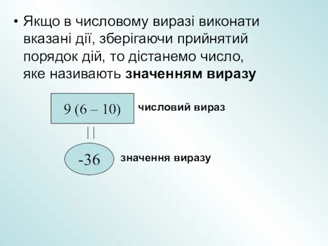 Якщо в числовому виразі виконати вказані дії, зберігаючи прийнятий порядок дій, то