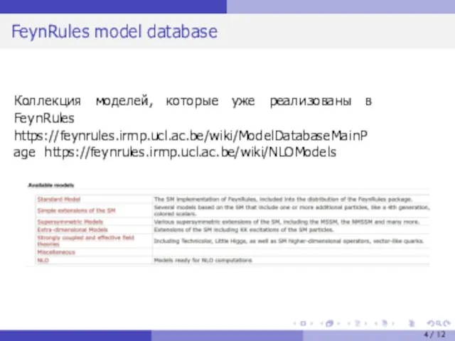 FeynRules model database Коллекция моделей, которые уже реализованы в FeynRules https://feynrules.irmp.ucl.ac.be/wiki/ModelDatabaseMainPage https://feynrules.irmp.ucl.ac.be/wiki/NLOModels / 12