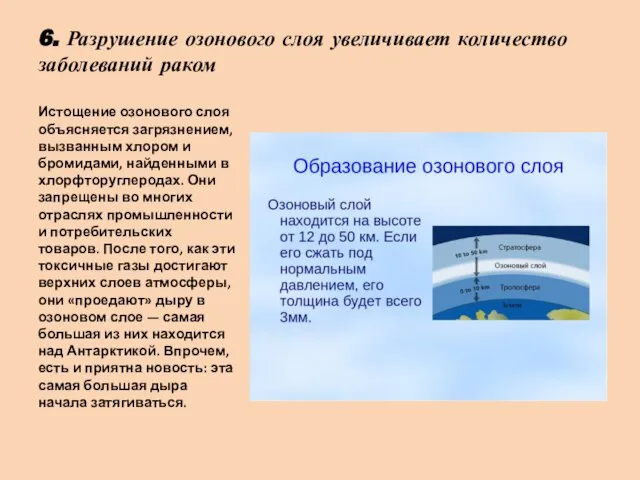 6. Разрушение озонового слоя увеличивает количество заболеваний раком Истощение озонового слоя объясняется