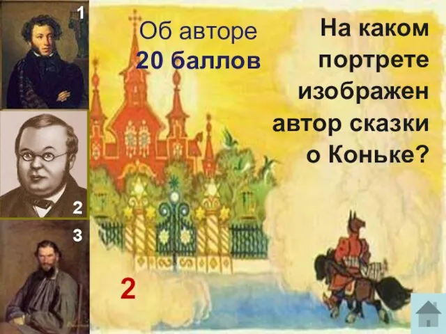 Об авторе 20 баллов На каком портрете изображен автор сказки о Коньке? 2 1 2 3