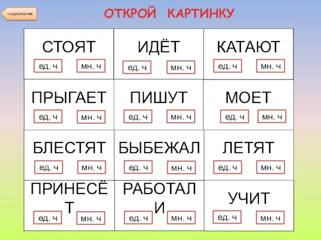 ОТКРОЙ КАРТИНКУ СТОЯТ ед. ч мн. ч ИДЁТ мн. ч ед. ч