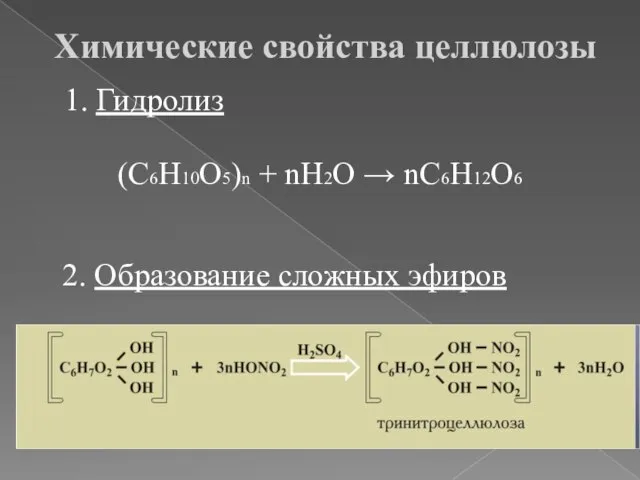 Химические свойства целлюлозы 1. Гидролиз (С6Н10О5)n + nH2O → nC6H12O6 2. Образование сложных эфиров