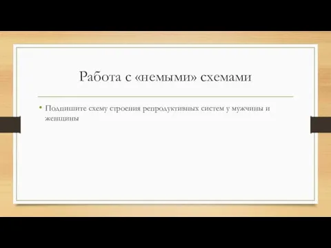 Работа с «немыми» схемами Подпишите схему строения репродуктивных систем у мужчины и женщины