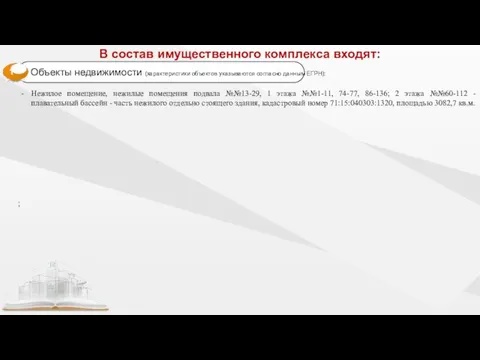 В состав имущественного комплекса входят: Нежилое помещение, нежилые помещения подвала №№13-29, 1