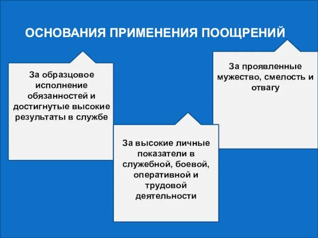 ОСНОВАНИЯ ПРИМЕНЕНИЯ ПООЩРЕНИЙ За высокие личные показатели в служебной, боевой, оперативной и трудовой деятельности