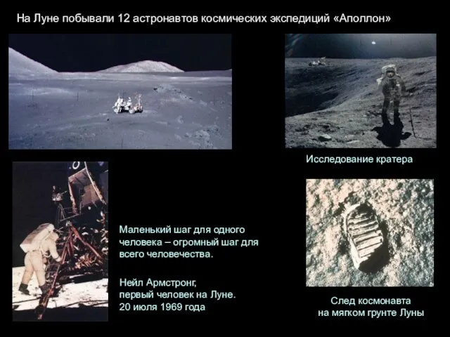 На Луне побывали 12 астронавтов космических экспедиций «Аполлон» Исследование кратера След космонавта