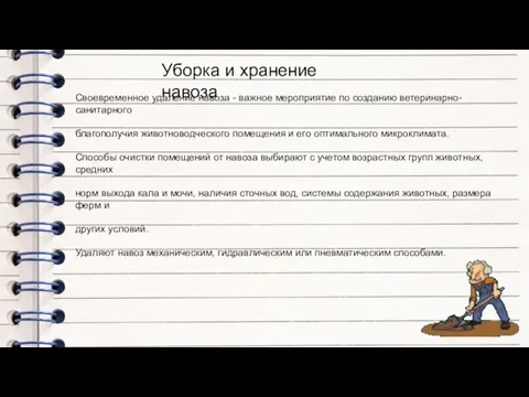 Уборка и хранение навоза Своевременное удаление навоза - важное мероприятие по созданию