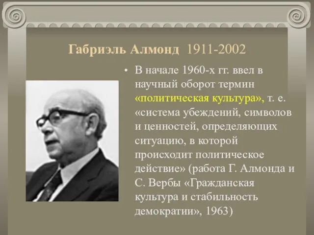 Габриэль Алмонд 1911-2002 В начале 1960-х гг. ввел в научный оборот термин