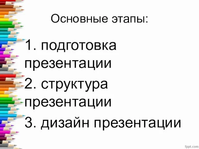 Основные этапы: 1. подготовка презентации 2. структура презентации 3. дизайн презентации