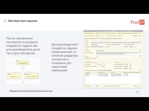 Экспертная оценка Для руководителя создается задача ознакомления со списком разделов, экспертов и