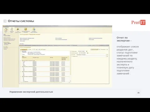 Отчеты системы Отчет по экспертам – отображает список разделов дел , статус