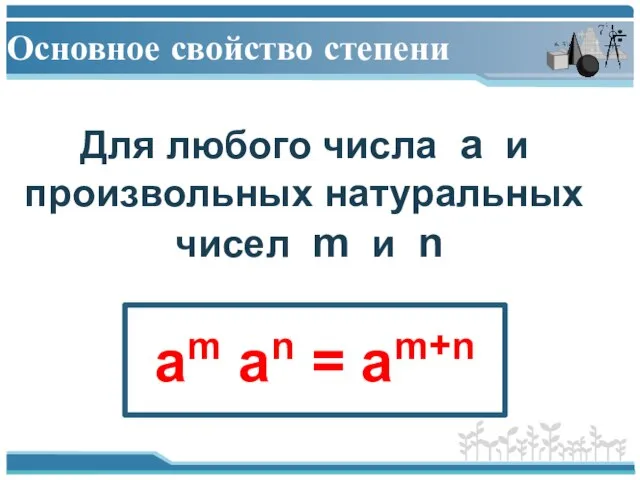 Основное свойство степени Для любого числа a и произвольных натуральных чисел m