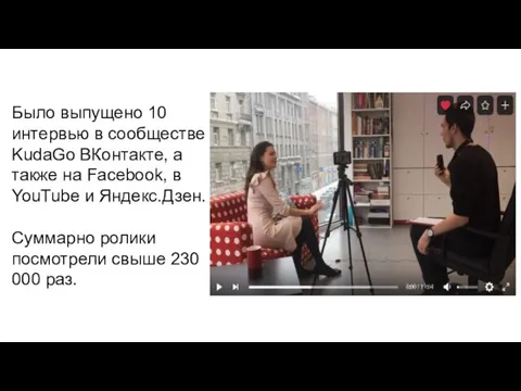 Было выпущено 10 интервью в сообществе KudaGo ВКонтакте, а также на Facebook,