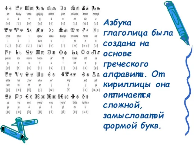 Азбука глаголица была создана на основе греческого алфавита. От кириллицы она отличается сложной, замысловатой формой букв.