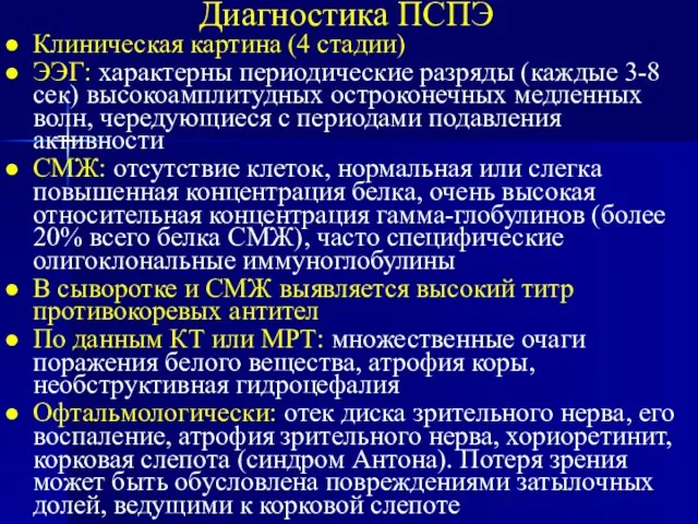 Диагностика ПСПЭ Клиническая картина (4 стадии) ЭЭГ: характерны периодические разряды (каждые 3-8