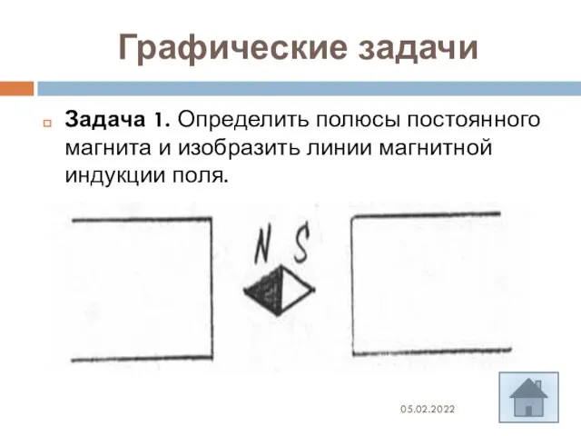 Графические задачи Задача 1. Определить полюсы постоянного магнита и изобразить линии магнитной индукции поля. 05.02.2022