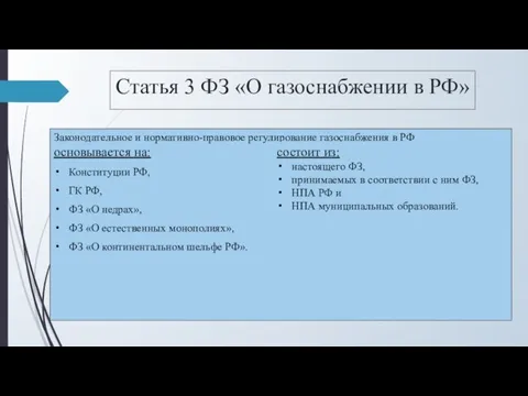 Статья 3 ФЗ «О газоснабжении в РФ» Законодательное и нормативно-правовое регулирование газоснабжения