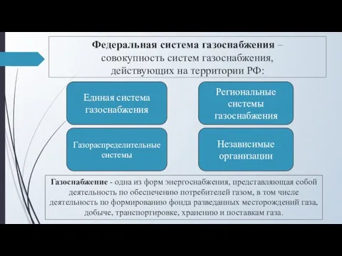 Федеральная система газоснабжения – совокупность систем газоснабжения, действующих на территории РФ: Региональные