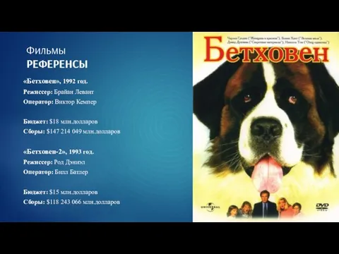 Фильмы РЕФЕРЕНСЫ «Бетховен», 1992 год. Режиссер: Брайан Левант Оператор: Виктор Кемпер Бюджет: