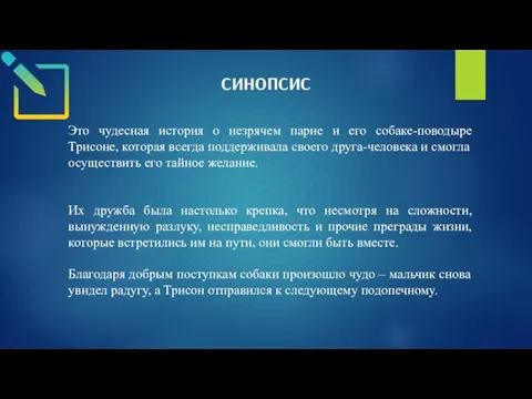 СИНОПСИС Это чудесная история о незрячем парне и его собаке-поводыре Трисоне, которая