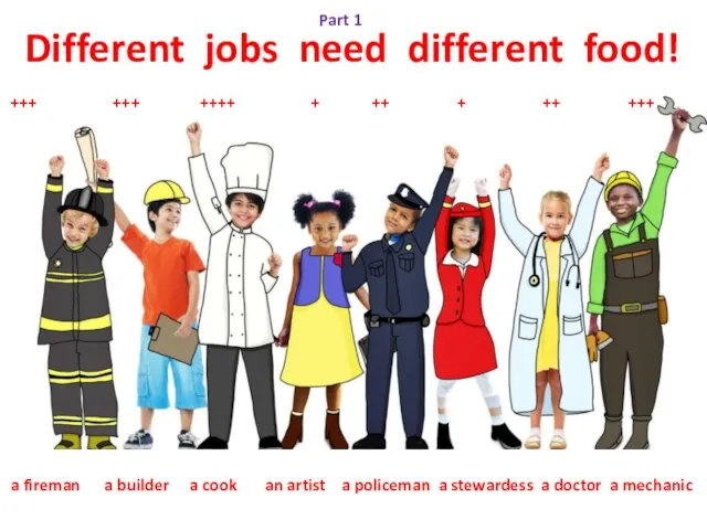 Different jobs need different food! a fireman a builder a cook an
