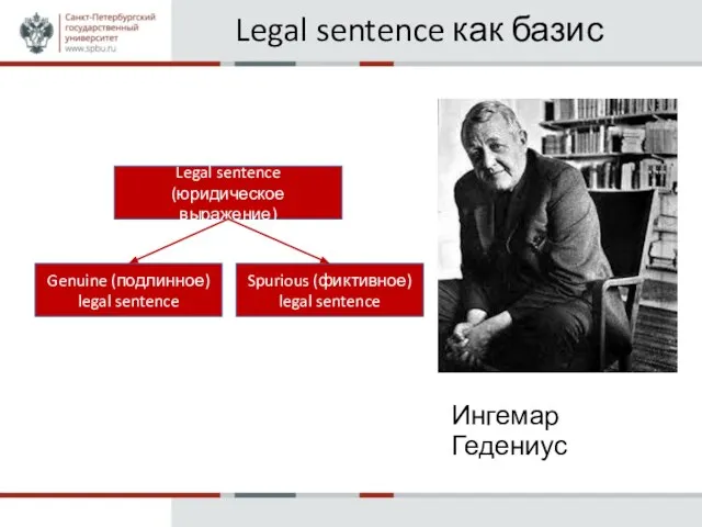 Legal sentence как базис Ингемар Гедениус Legal sentence (юридическое выражение) Spurious (фиктивное)