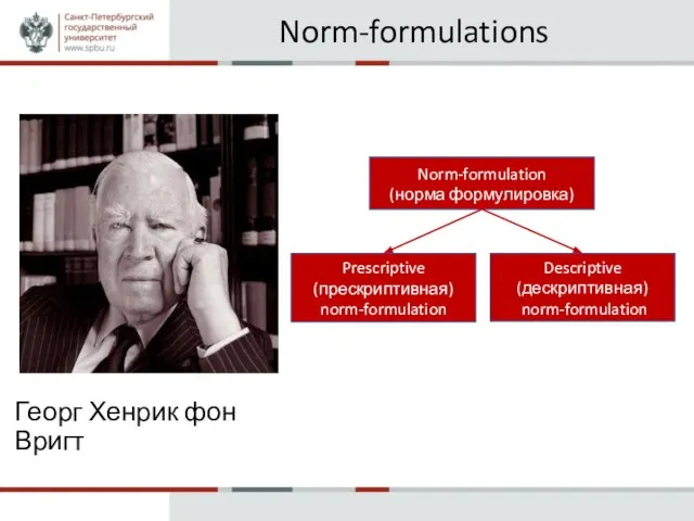 Norm-formulations Георг Хенрик фон Вригт Norm-formulation (норма формулировка) Descriptive (дескриптивная) norm-formulation Prescriptive (прескриптивная) norm-formulation