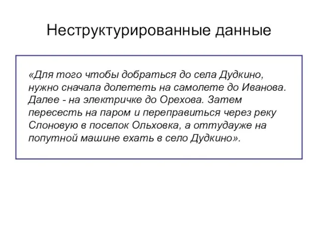 Неструктурированные данные «Для того чтобы добраться до села Дудкино, нужно сначала долететь