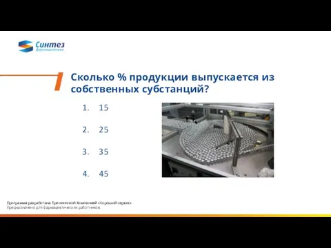 Сколько % продукции выпускается из собственных субстанций? 15 25 35 45 Программа