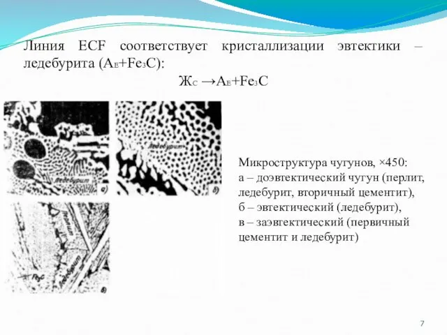 Линия ECF соответствует кристаллизации эвтектики – ледебурита (АЕ+Fe3C): ЖС →АЕ+Fe3C Микроструктура чугунов,