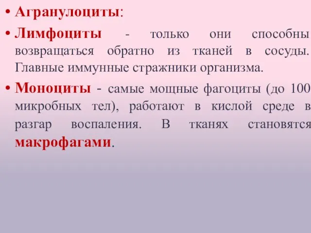 Специализация лейкоцитов: Агранулоциты: Лимфоциты - только они способны возвращаться обратно из тканей