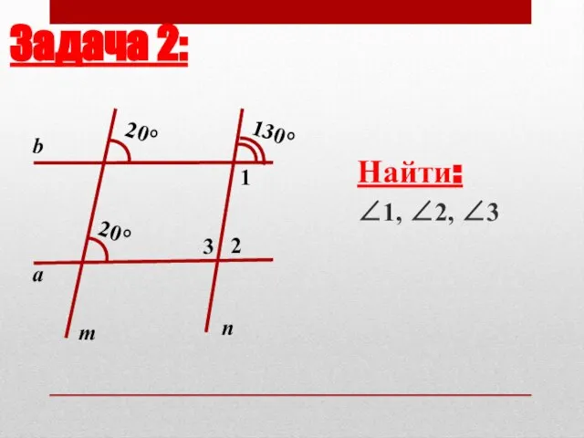 Найти: ∠1, ∠2, ∠3 3 2 1 130° Задача 2: а 20° 20° b m n