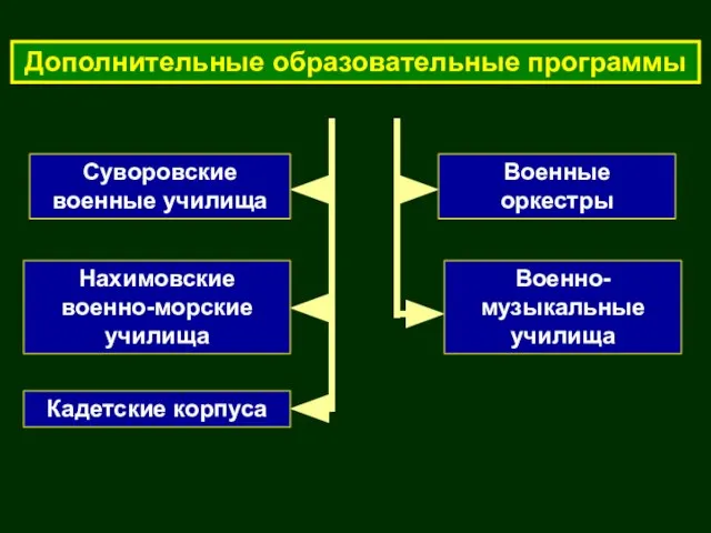 Дополнительные образовательные программы Суворовские военные училища Нахимовские военно-морские училища Кадетские корпуса Военные оркестры Военно-музыкальные училища