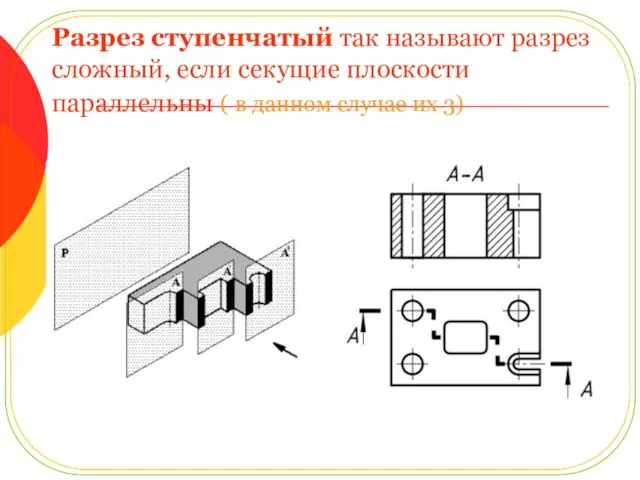 Разрез ступенчатый так называют разрез сложный, если секущие плоскости параллельны ( в данном случае их 3)