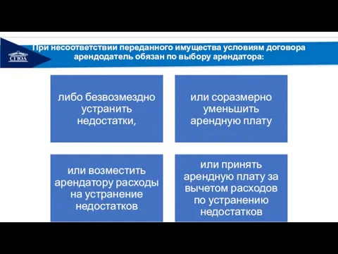 При несоответствии переданного имущества условиям договора арендодатель обязан по выбору арендатора: